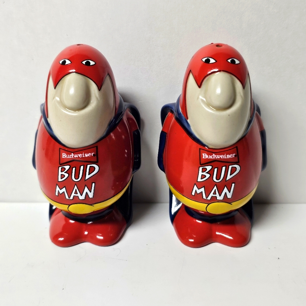 Vintage 1991 Budweiser Bud Man 3” Collectible Salt & Pepper Ceramic Shakers